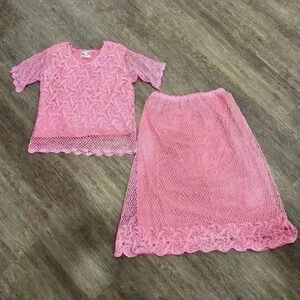 Vintage Thums‎ Up Two Piece Pink Crochet Skirt & Top Set Size Small - Medium